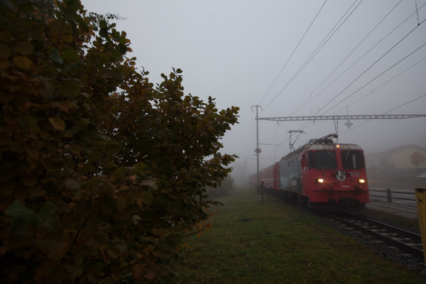 Die Rhätische Bahn im Nebel bei Ardez im Unterengadin.